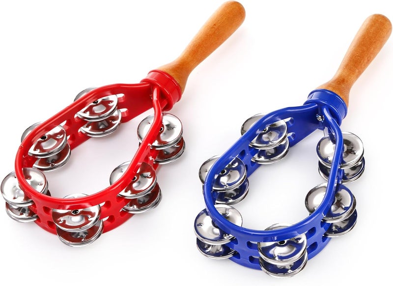 Eorbow 2 Pack 12" Tambourine for Adults, Double Row Metal Jingles Hand Held Tambourine, Plastic Wooden Hand Percussion Instrument, Musical Bells for School Party Church Concerts - Image 3